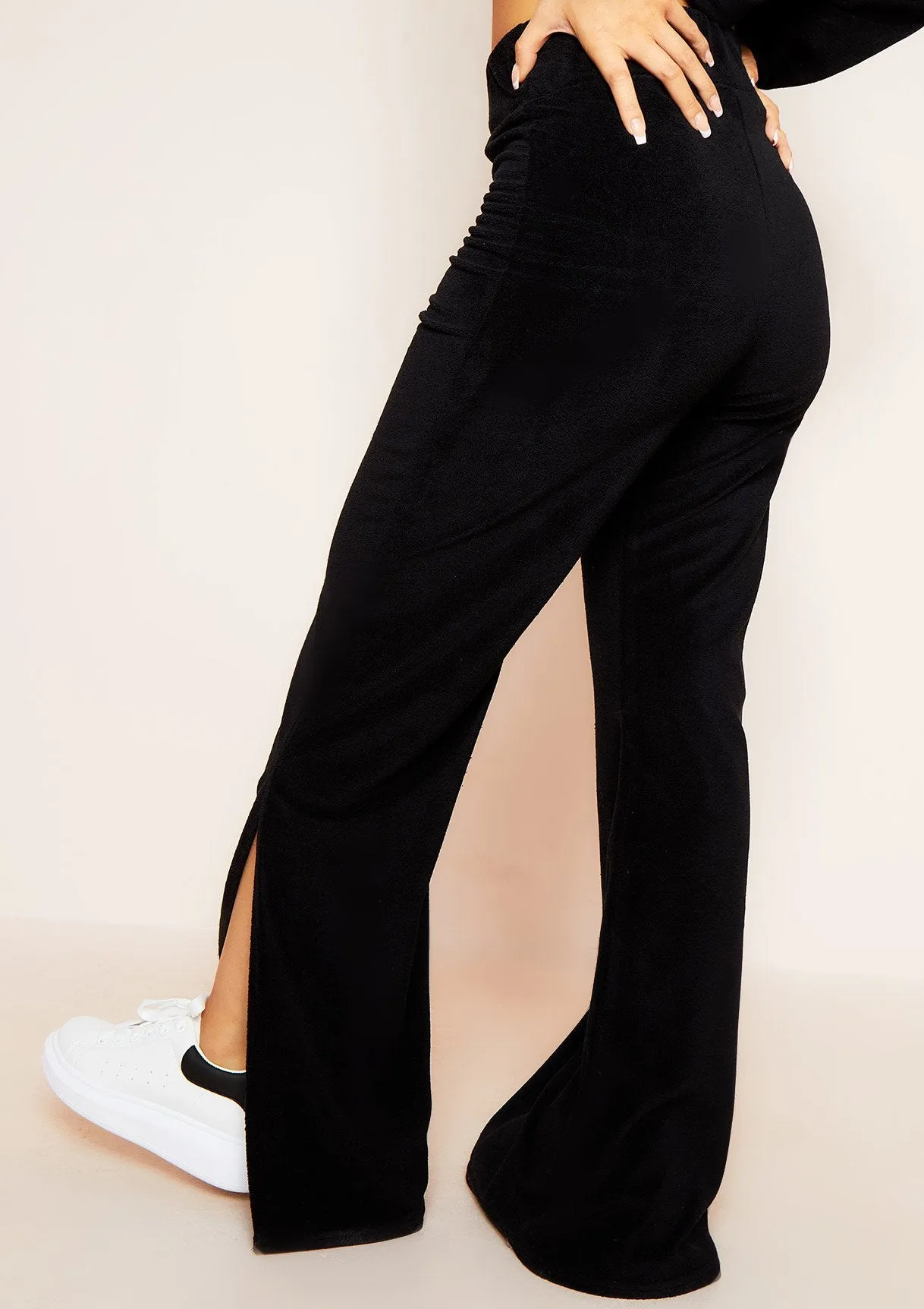 Belle Black Velour Split Hem Joggers