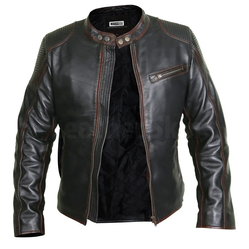 Elegant Black Cafe Racer Leather Jacket with Chocolate Lining