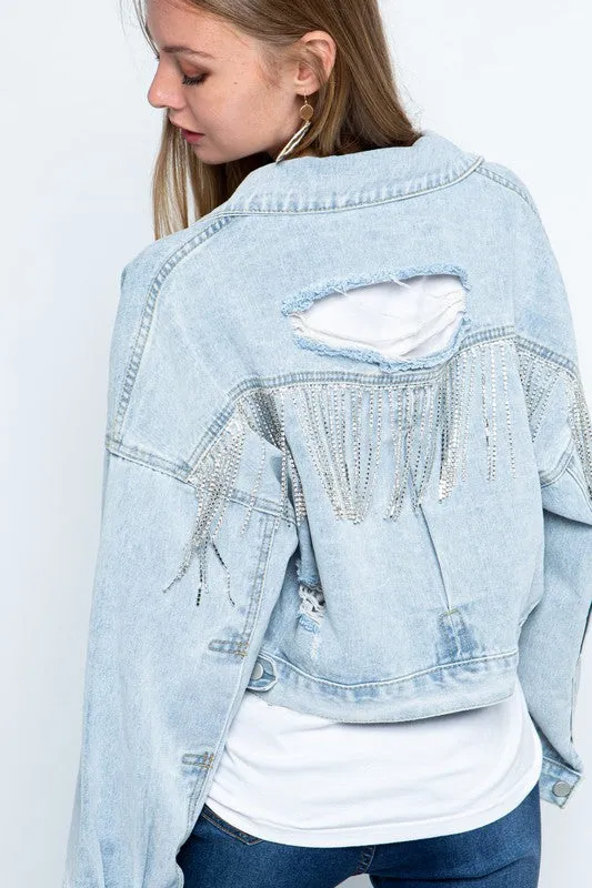 Faye Rhinestone Fringe Distressed Denim Jacket