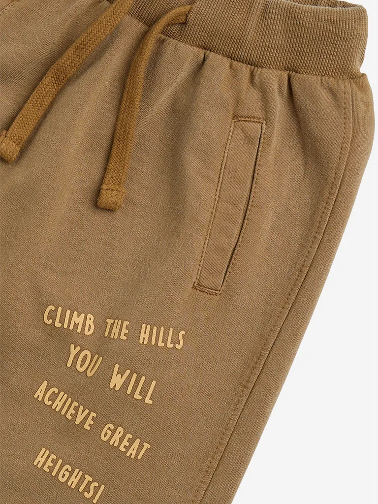 HOP Kids Brown Text Printed Mid-Rise Cotton Joggers