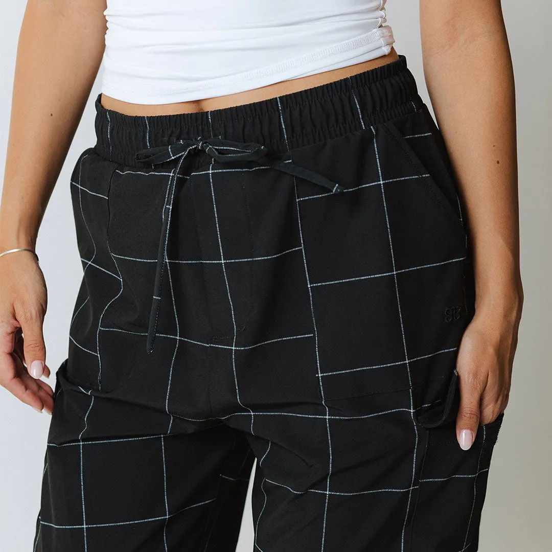 Jetsetter Cargo Joggers, Black Windowpane