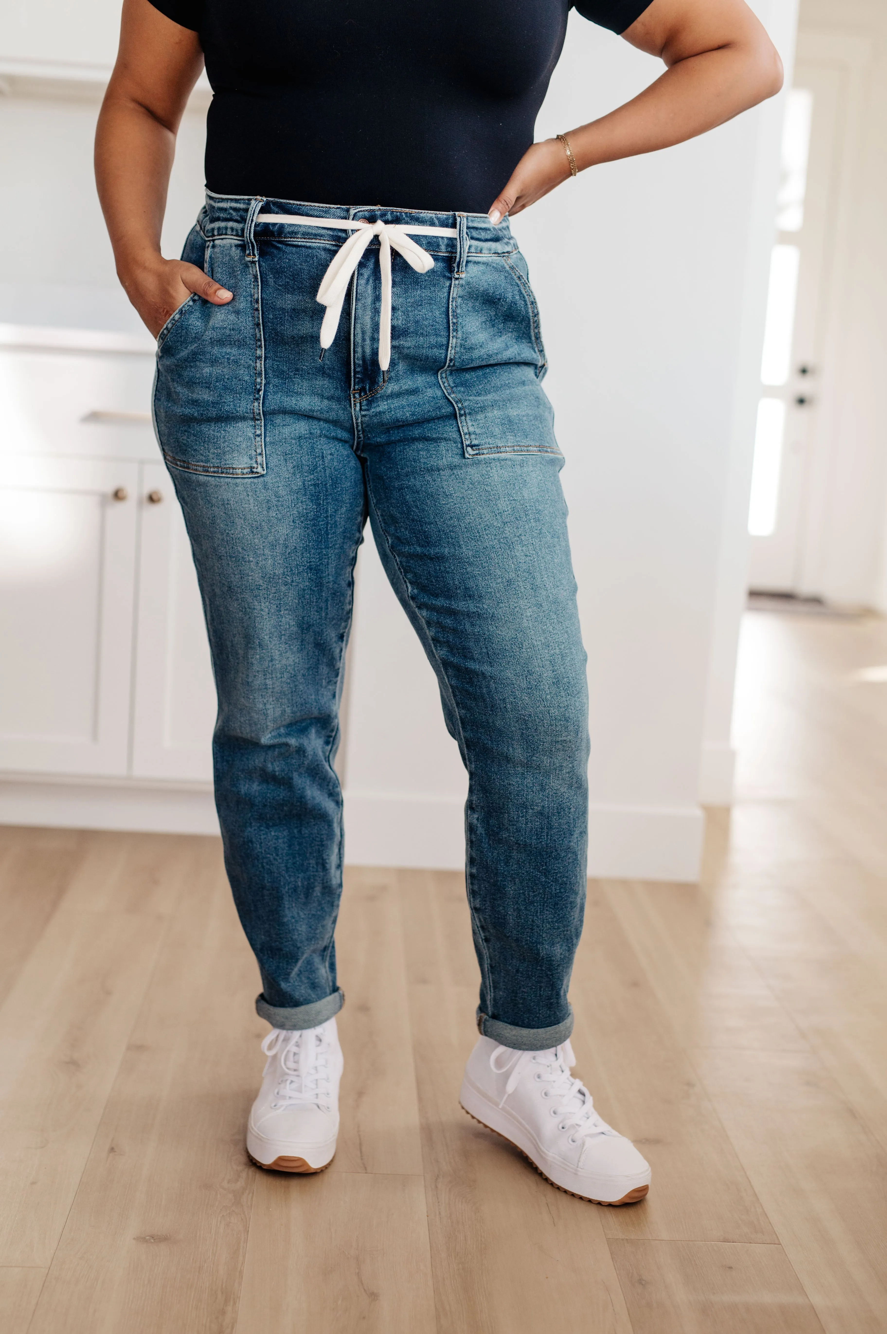 Judy Blue High Rise Drawstring Denim Joggers in Medium Wash