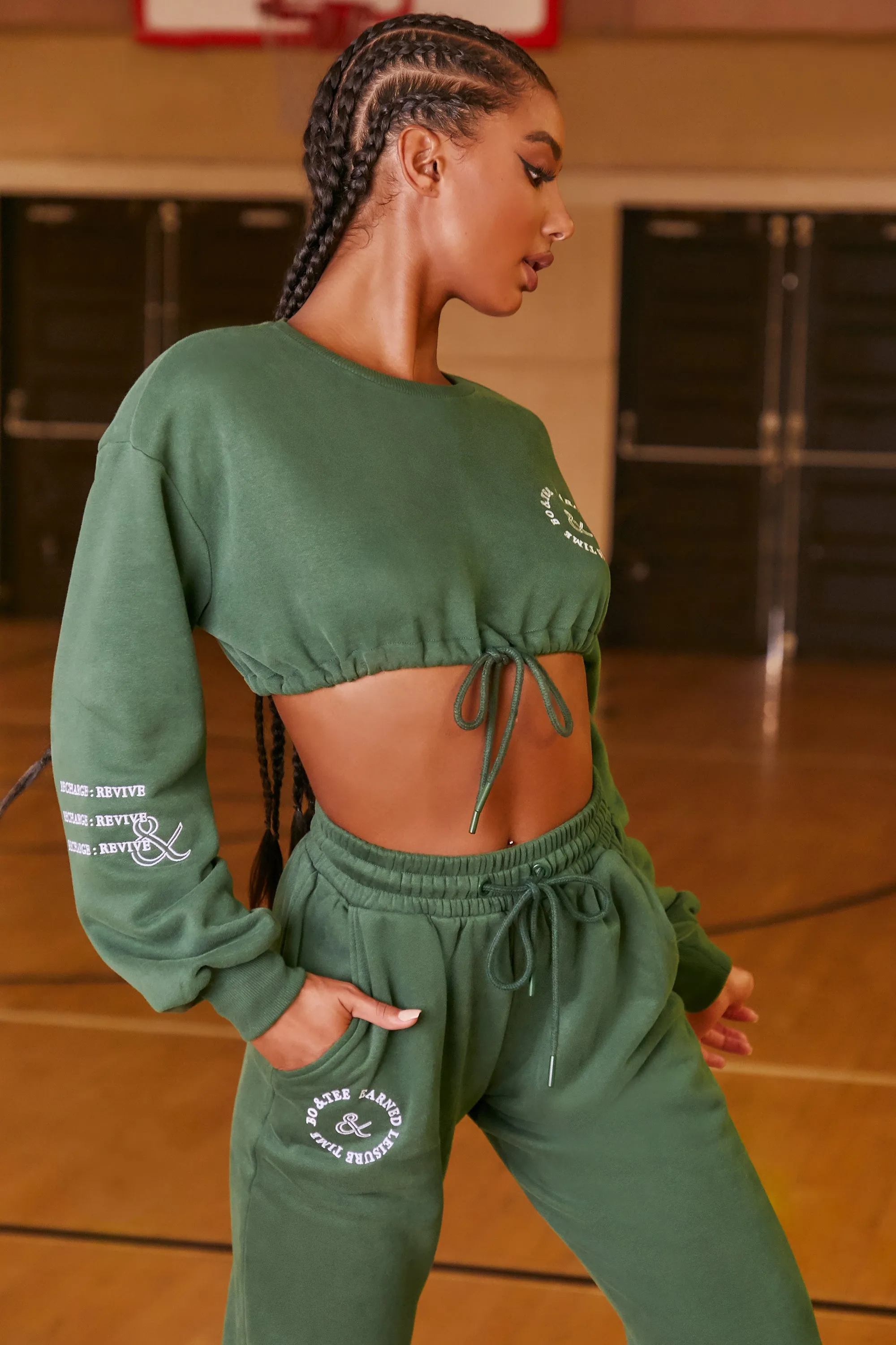 Keep Moving Cropped Drawstring Sweatshirt in Green