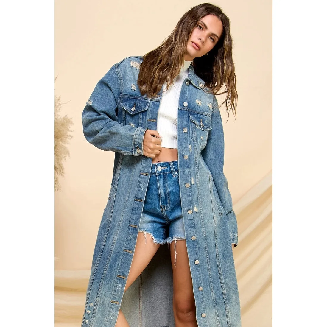 Longline Distressed Denim Coat