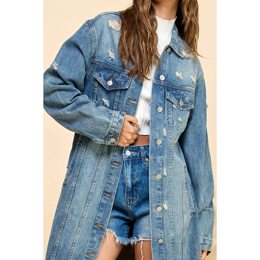 Longline Distressed Denim Coat