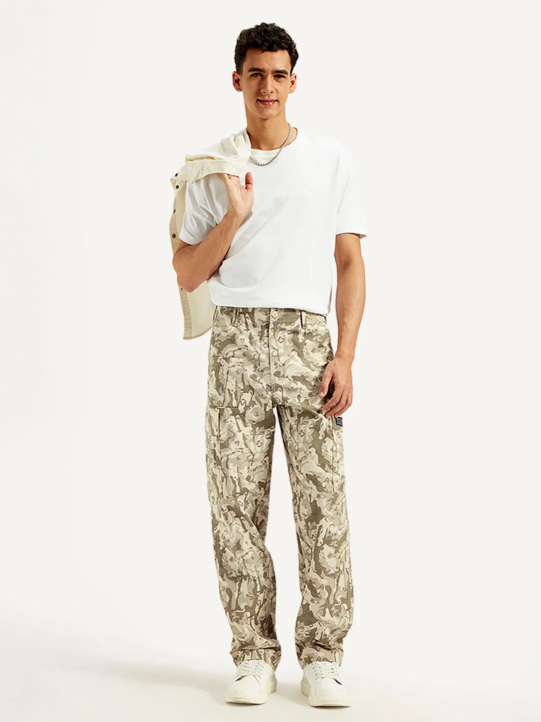 Men's Beige Loose Fit Cargo Trousers