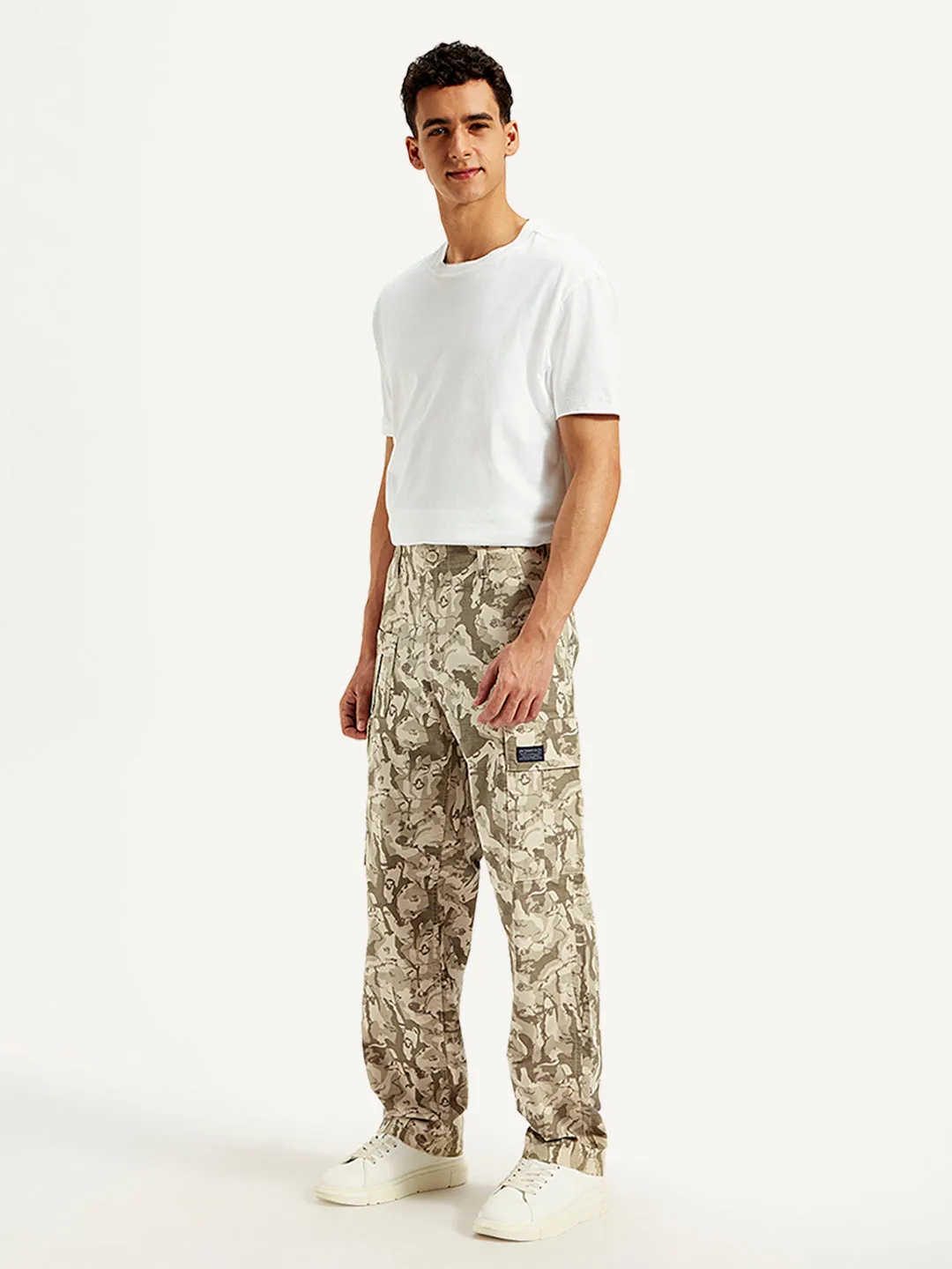 Men's Beige Loose Fit Cargo Trousers