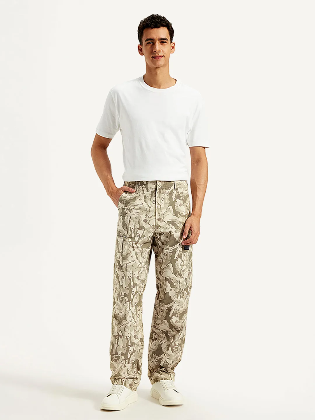 Men's Beige Loose Fit Cargo Trousers