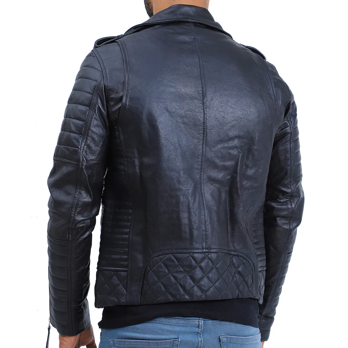 Men's Biker Quilted Lambskin Black Leather Jacket