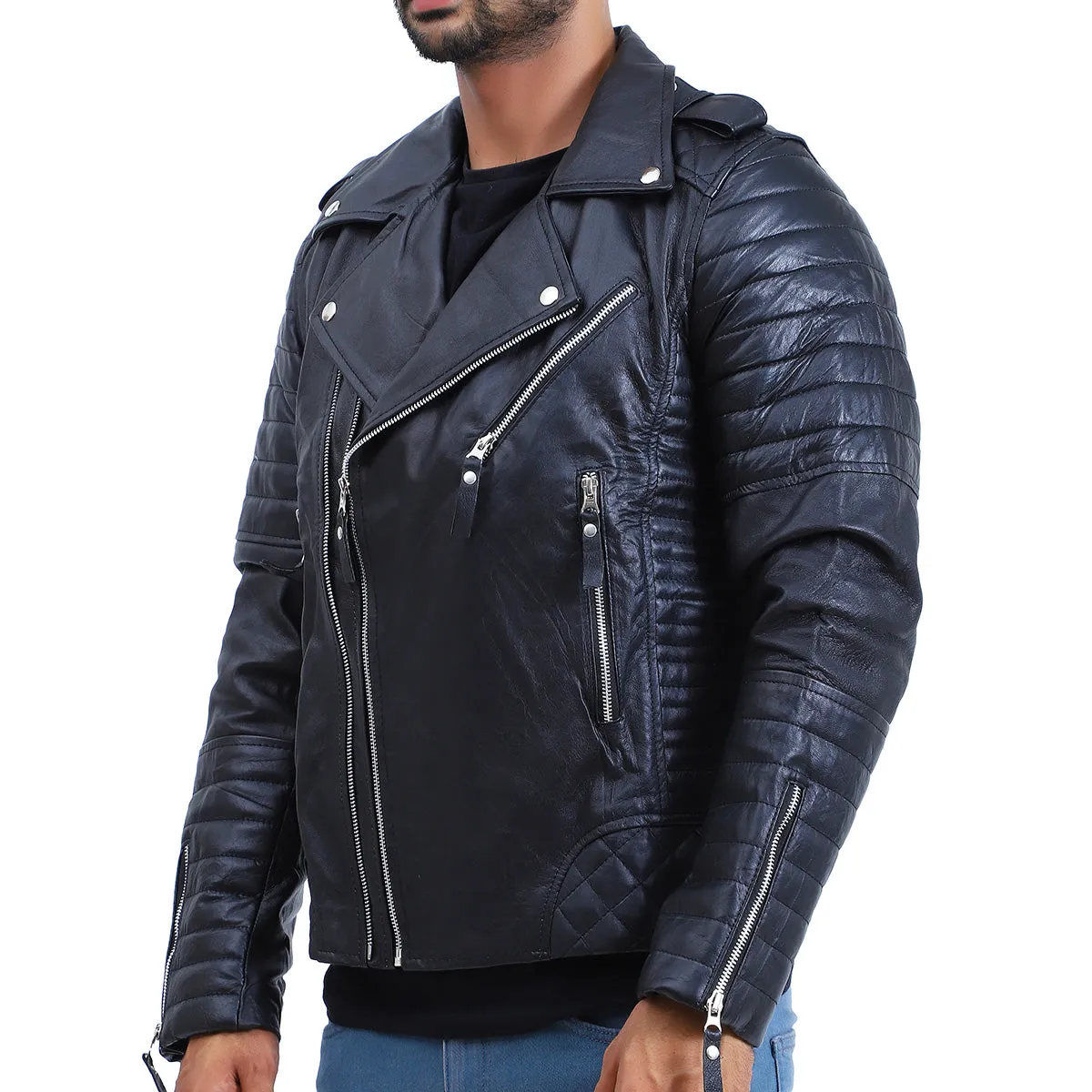 Men's Biker Quilted Lambskin Black Leather Jacket