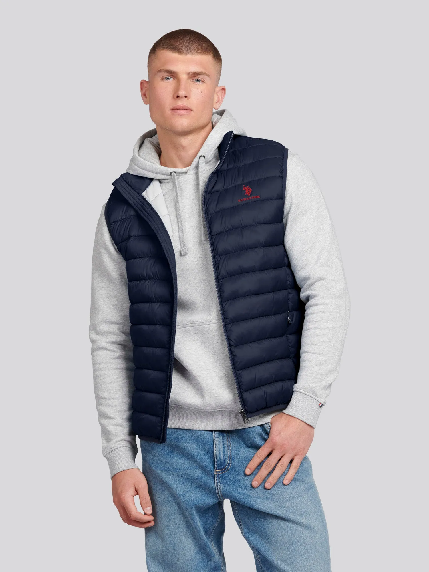 Mens Bound Quilted Gilet in Dark Sapphire Navy / Haute Red DHM