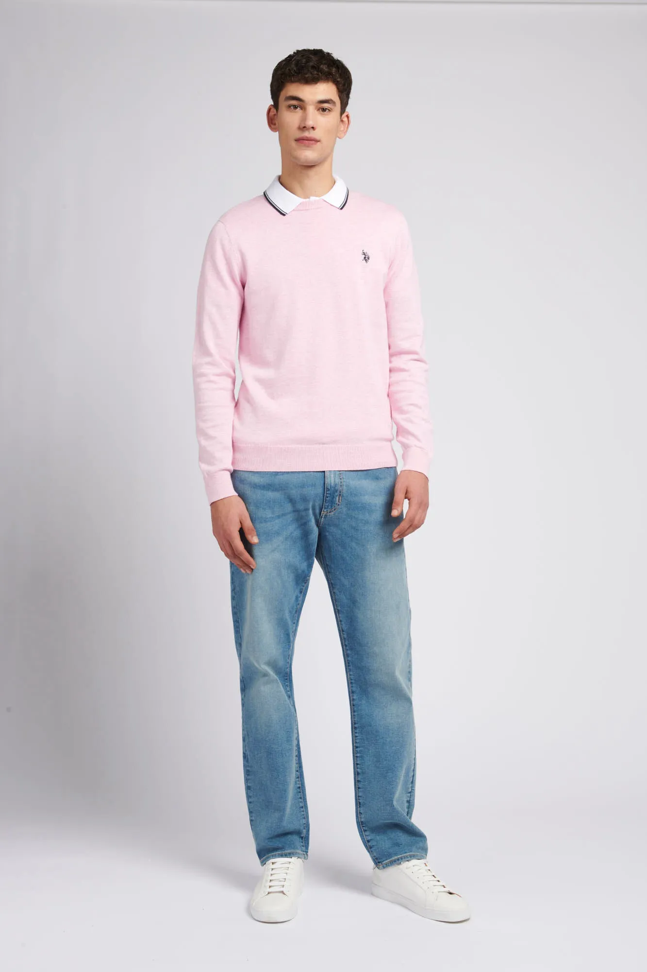 Mens Crew Neck Knitted Jumper in Orchid Pink Marl