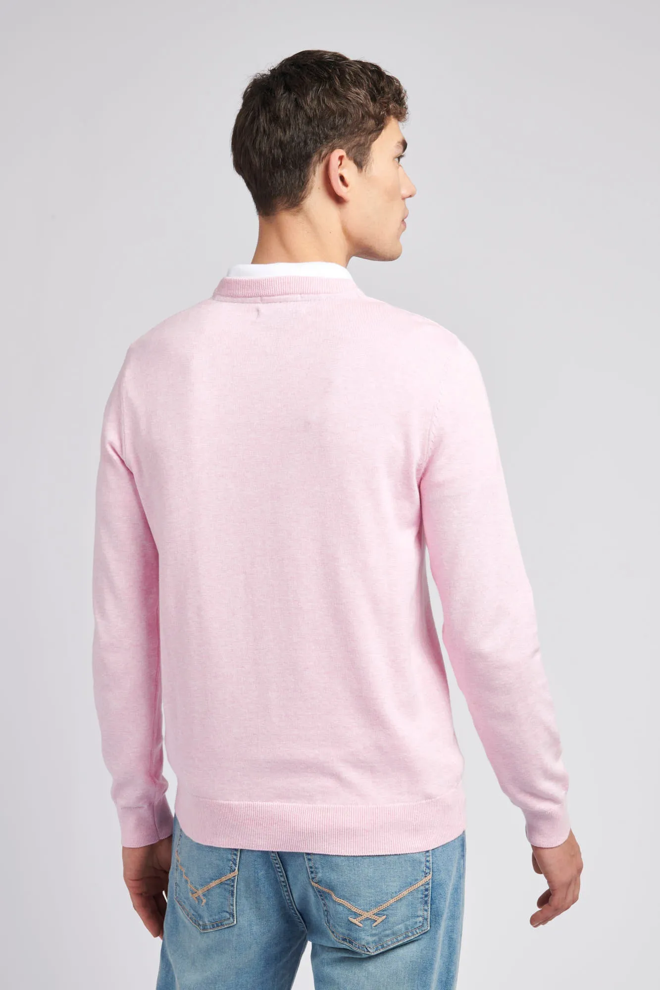 Mens Crew Neck Knitted Jumper in Orchid Pink Marl