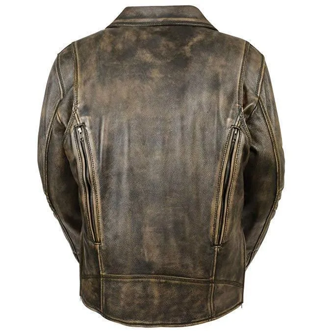 Milwaukee Leather Men's Triple Stitch Beltless Distressed Brown Leather Jacket with Gun Pockets