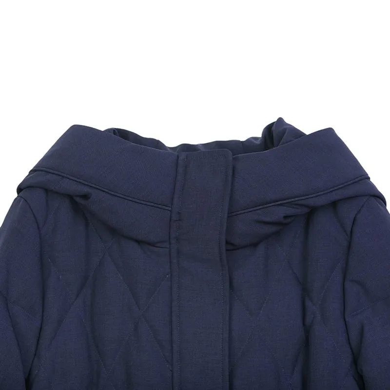 Navy Blue Long Winter Quilted Down Jacket