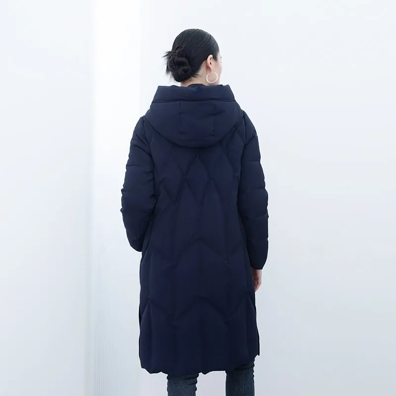 Navy Blue Long Winter Quilted Down Jacket