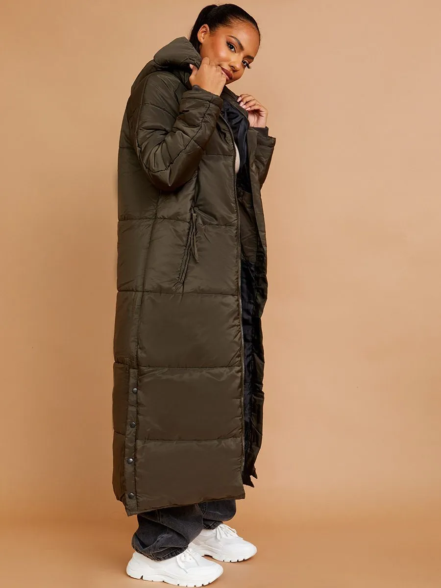 Nicky Longline Quilted Hooded Coat with Button Detail In Khaki