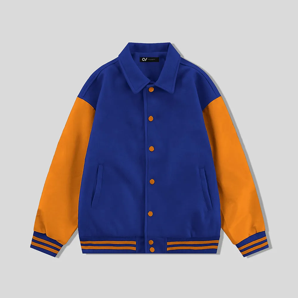 Royal Blue Byron Collar Wool & Leather Varsity Jacket Orange Sleeves - Jack N Hoods