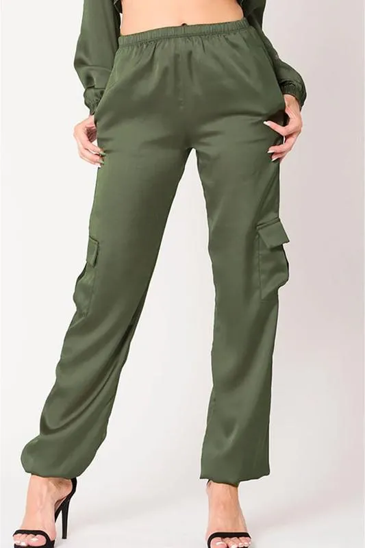 Satin Elastic Waist Solid Joggers