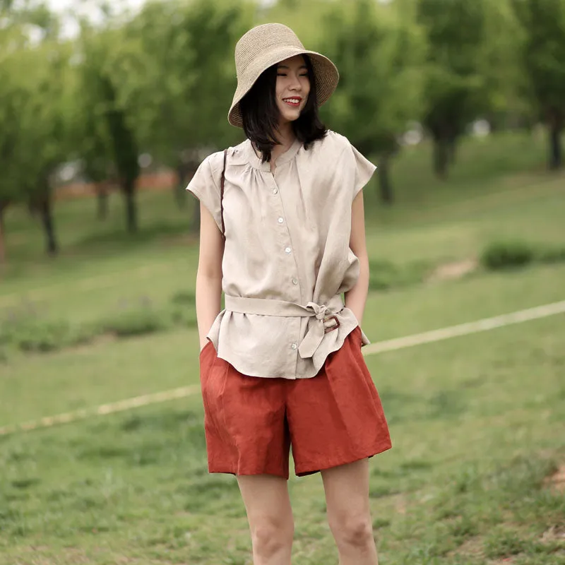 Simple Women linen Shorts Side Pockets SXM97241