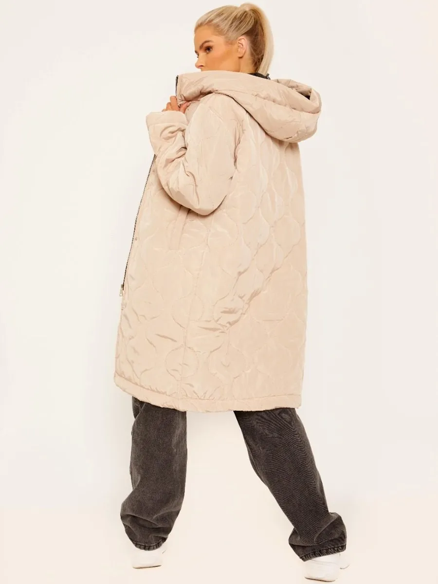 Vienna Onion Quilted Long Sleeves Longline Hooded Coat In Stone