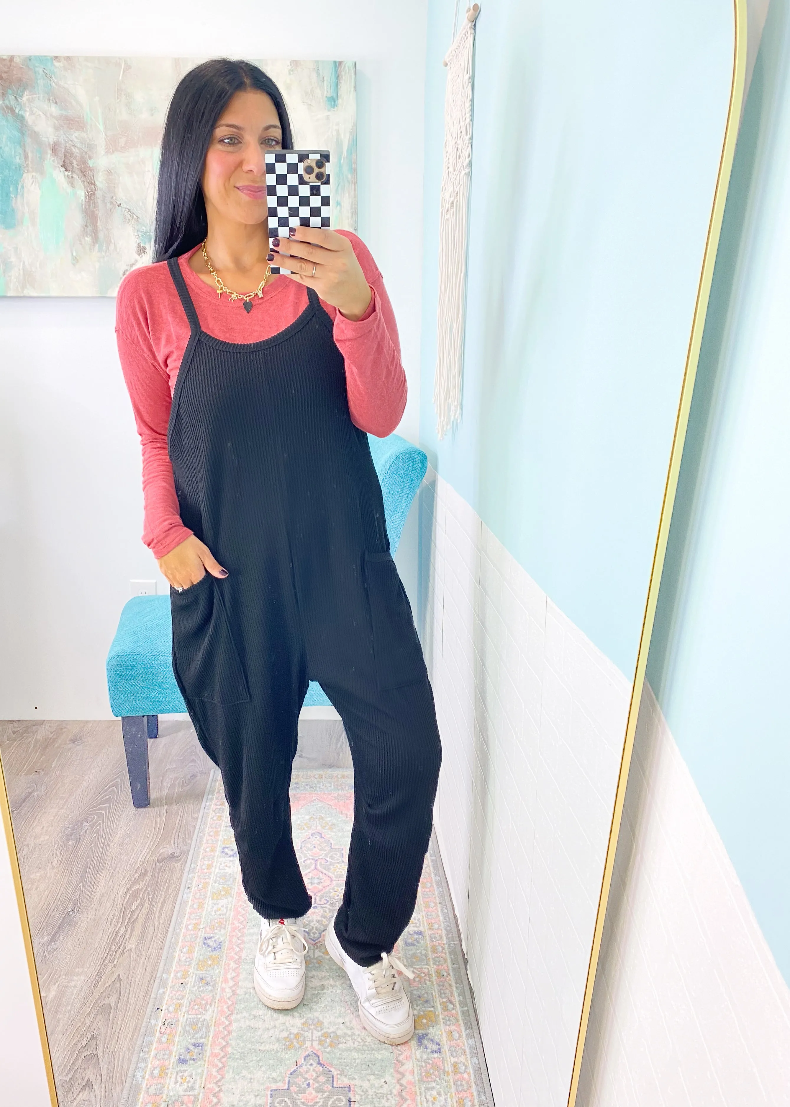 'Weekend Vibes' Black Ribbed Slouchy Knit Jumpsuit