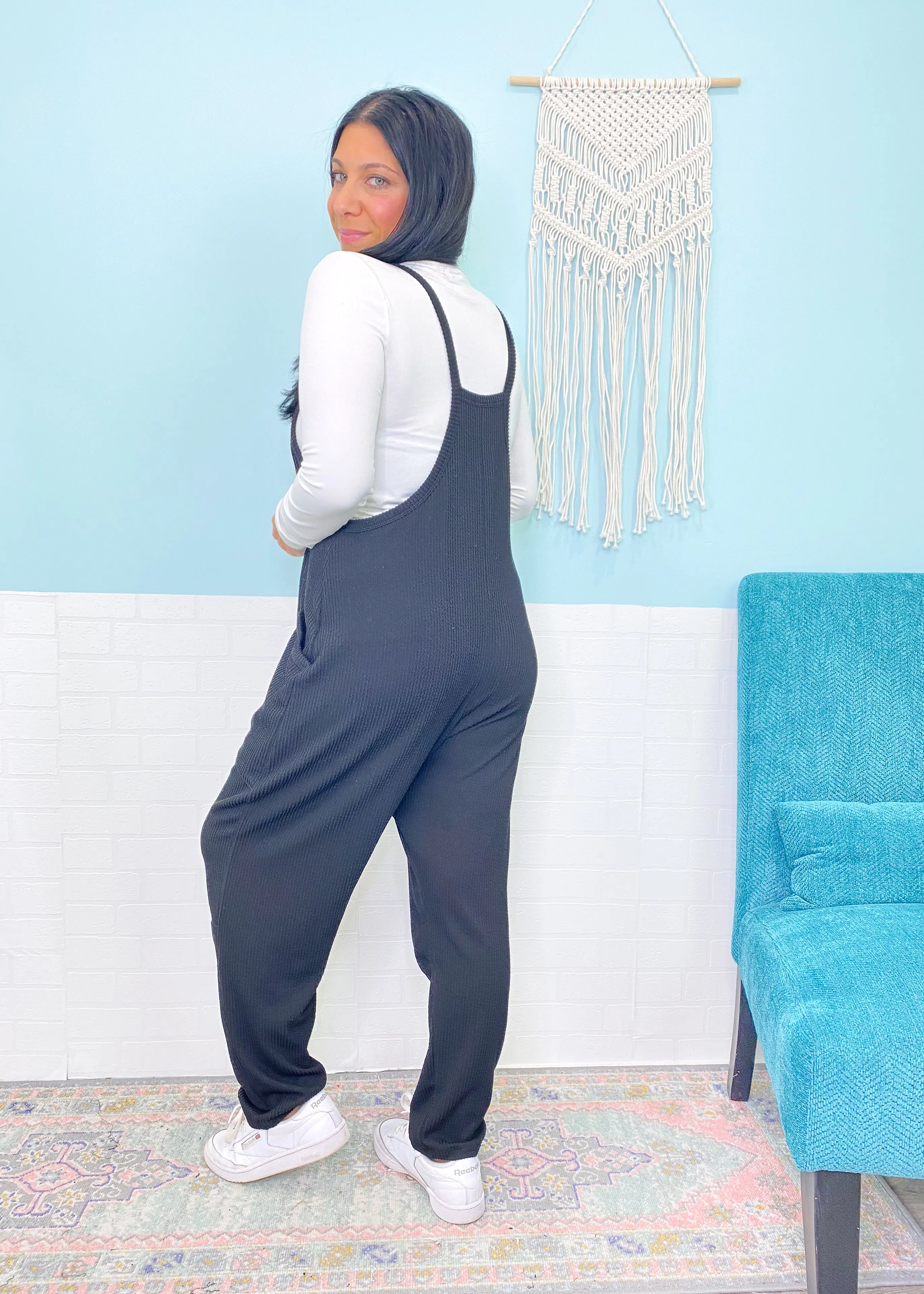 'Weekend Vibes' Black Ribbed Slouchy Knit Jumpsuit