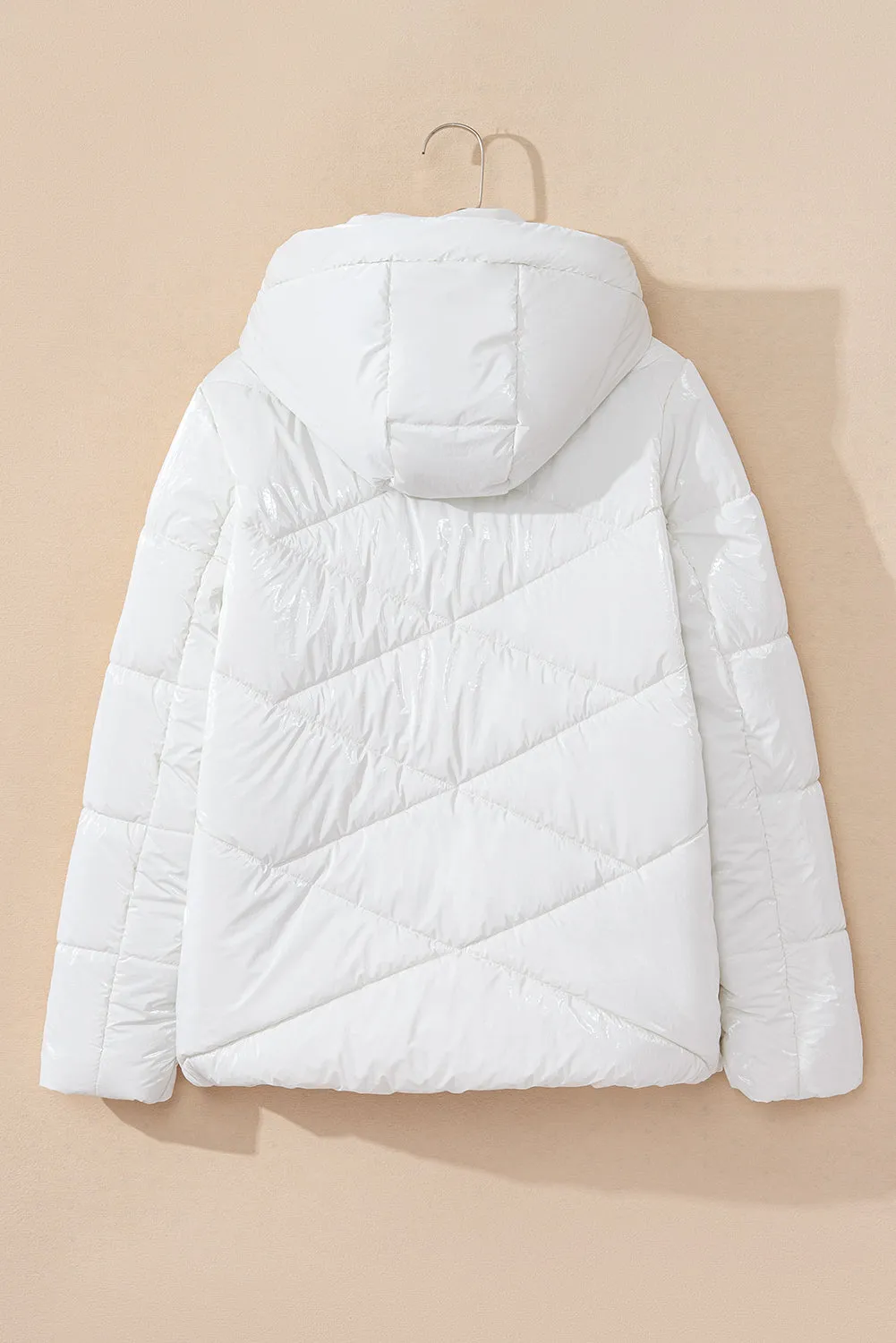 White Solid Quilted Hooded Zip Up Puffer Jackets