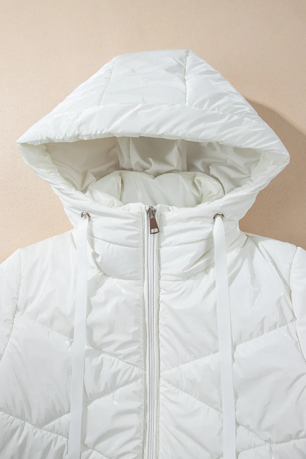 White Solid Quilted Hooded Zip Up Puffer Jackets